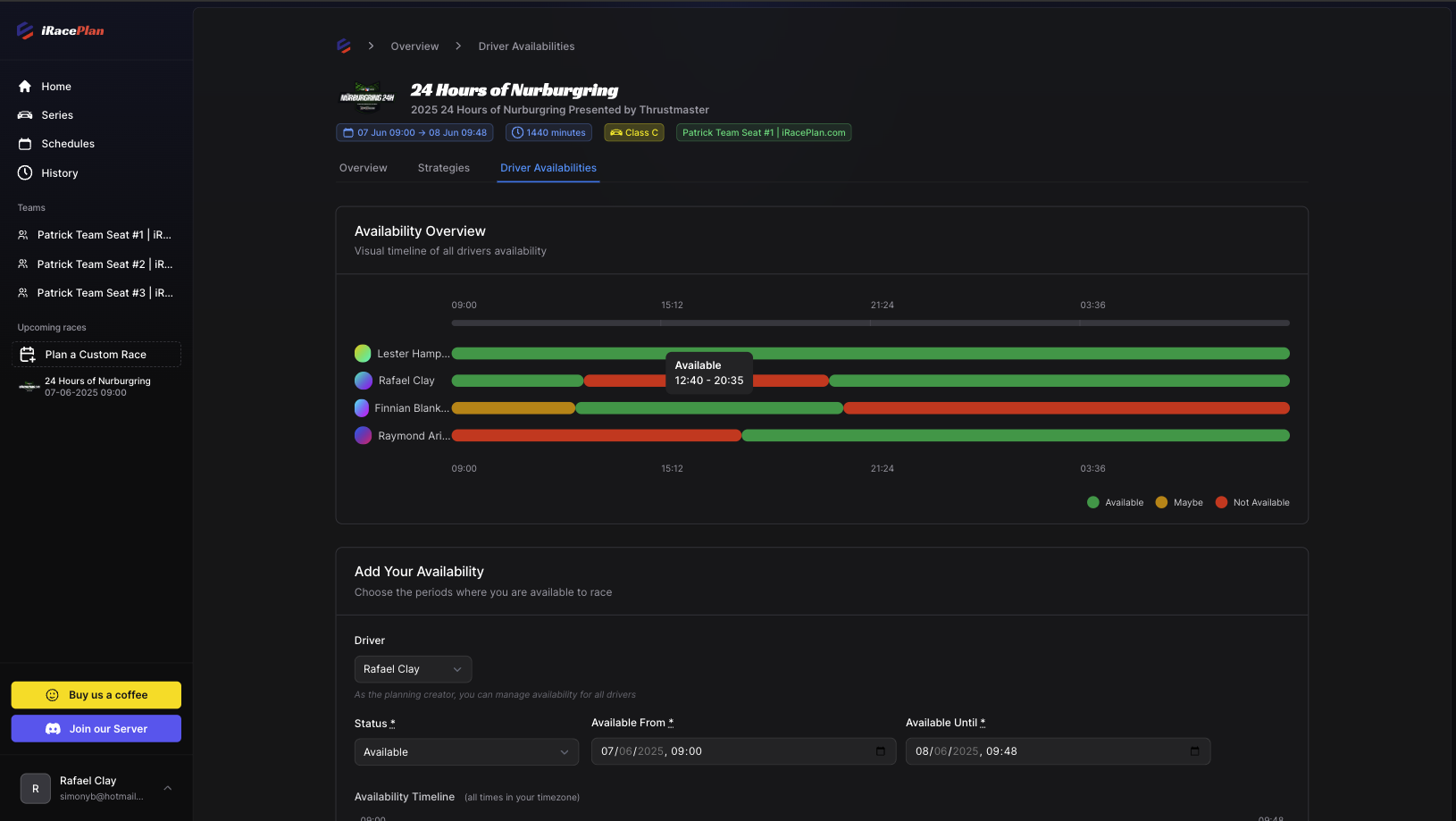 Driver availability timeline showing schedule and status