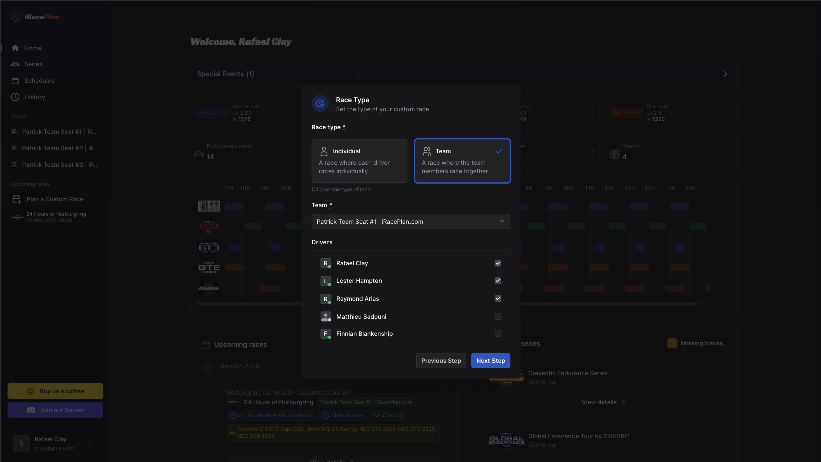 Custom race configuration interface with various options