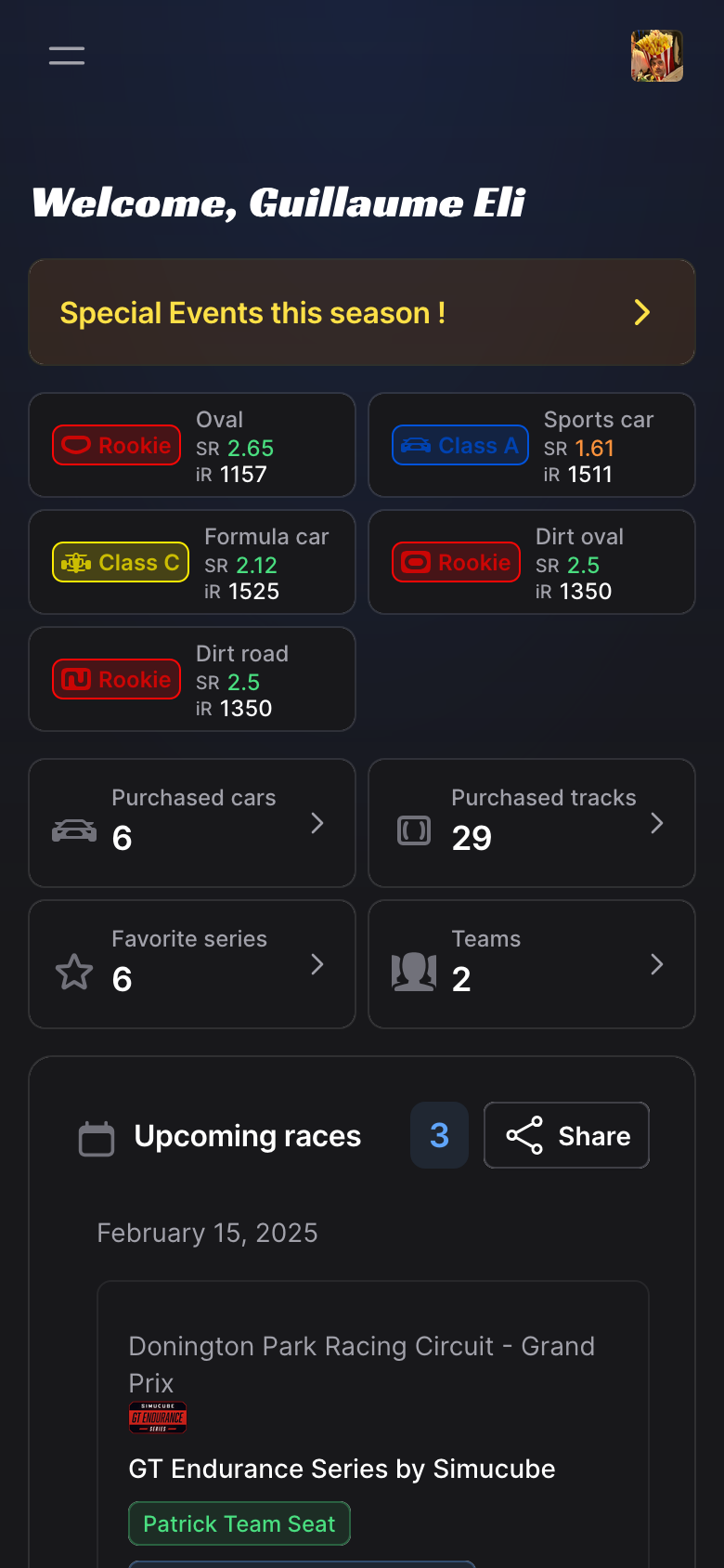 Mobile view of iRacePlan home screen