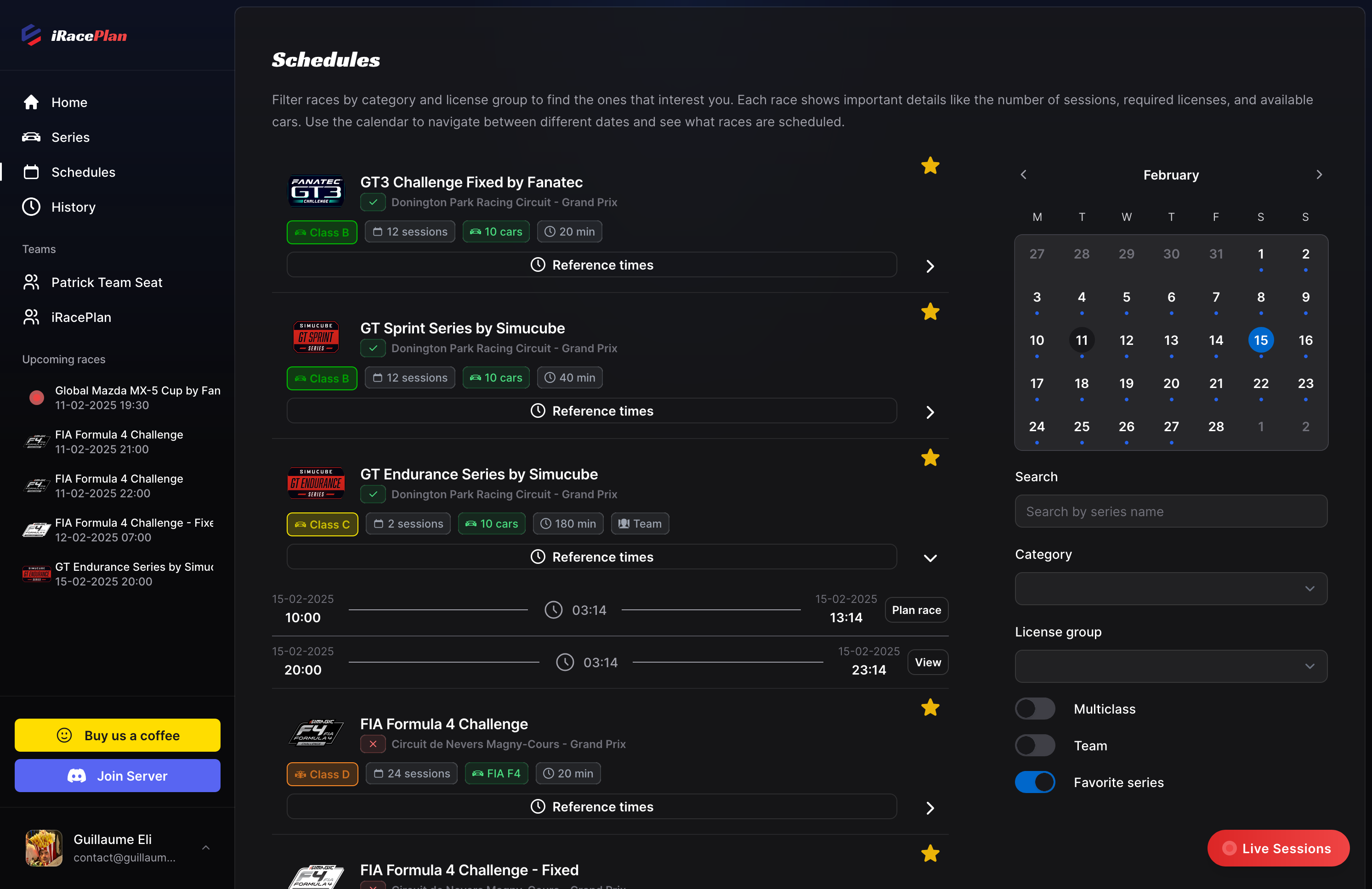 iRacePlan schedule interface
