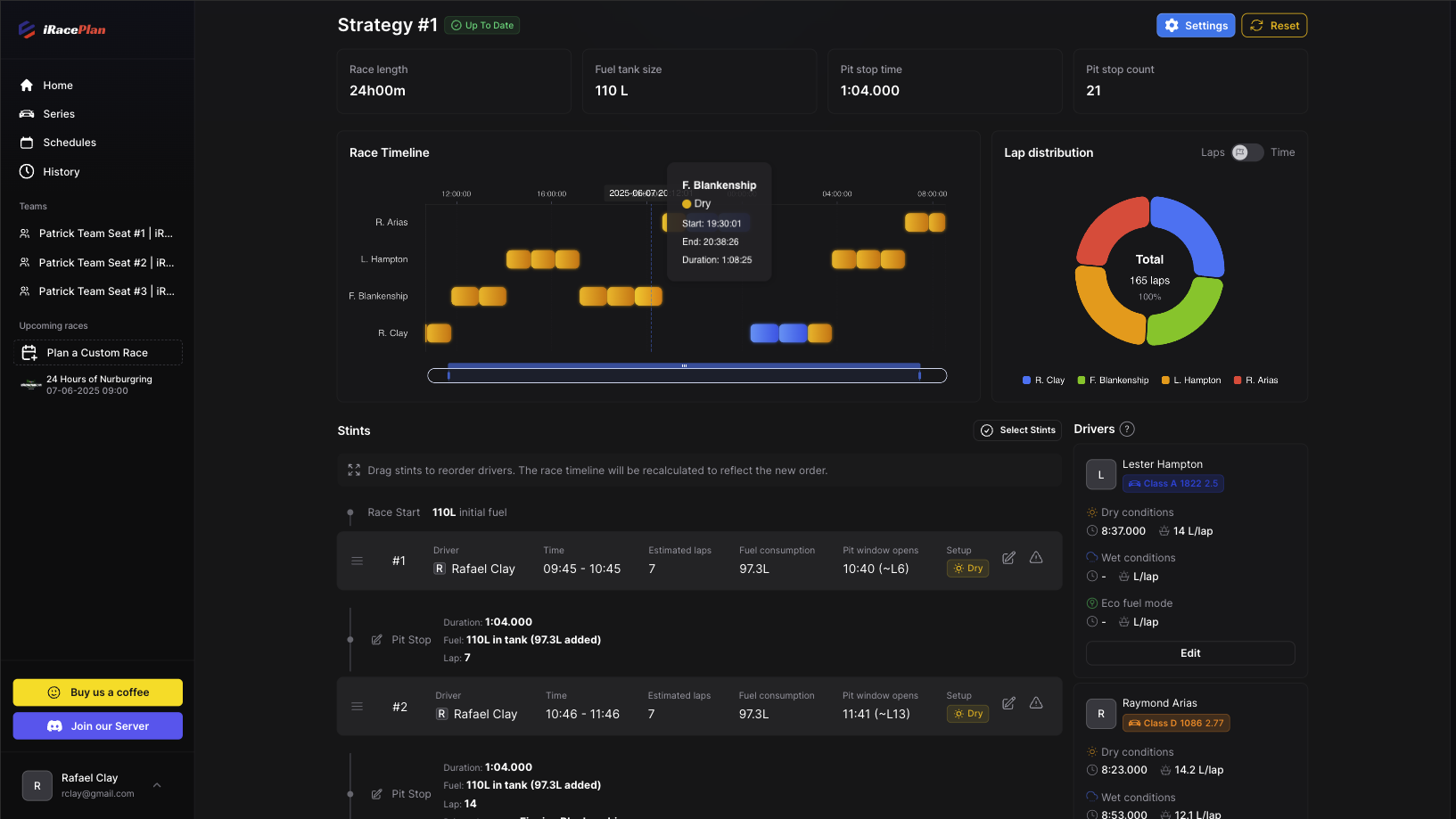 Stint Planner interface showing driver rotation and scheduling
